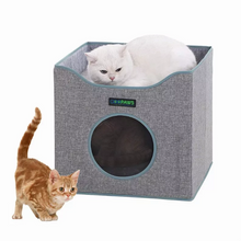 Load image into Gallery viewer, JESPET Foldable Cat Condo, Cat Cube House &amp; Sleepping Bed with Lying Surface and 2 Reversible Cushions, Cat Hiding Place, Cat Cave, Linenette Fabric, Felt and Engineered Wood, Scratch Resista
